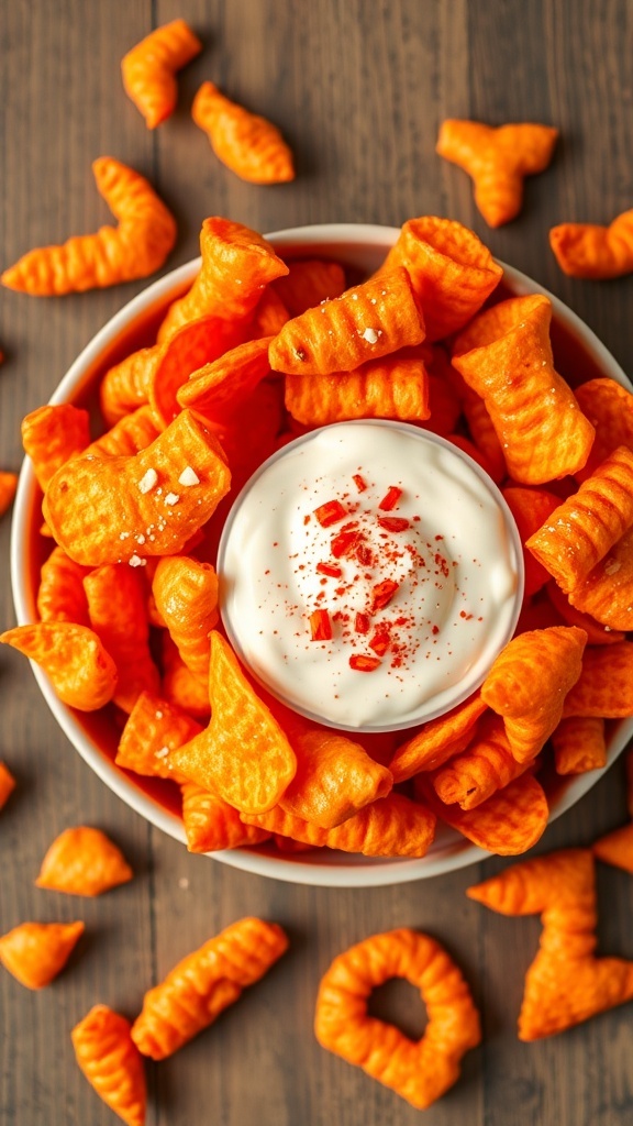 A bowl of homemade Spicy Hot Cheetos, bright red and crispy, with a dip on the side.